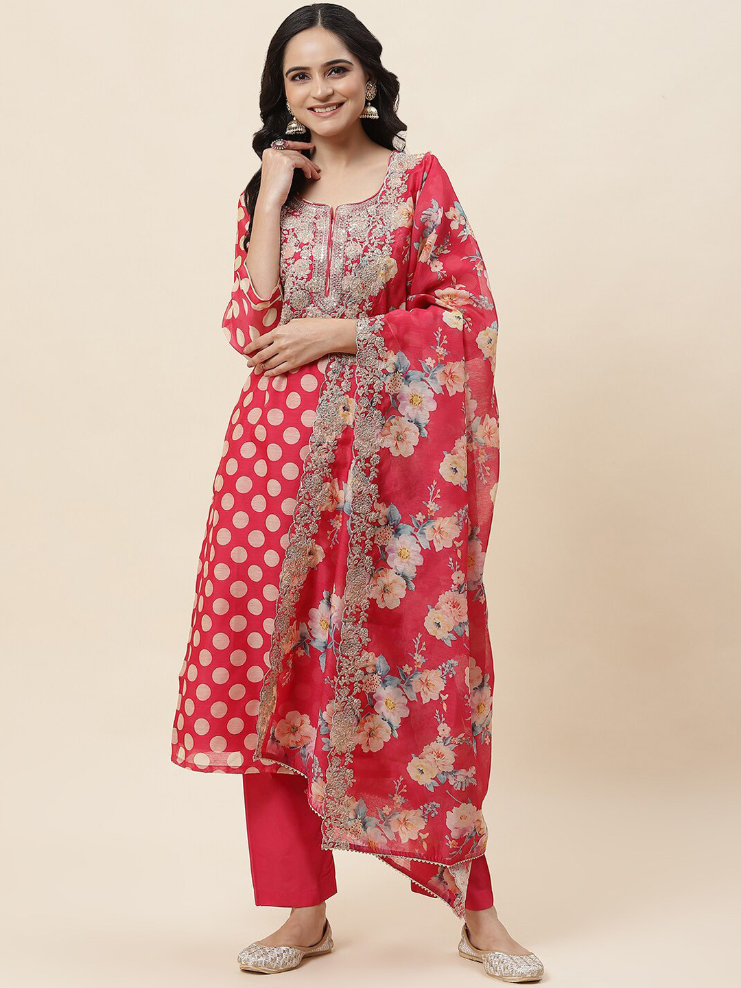 

Meena Bazaar Geometric Printed Sequinned Kurta With Trousers & Dupatta, Pink