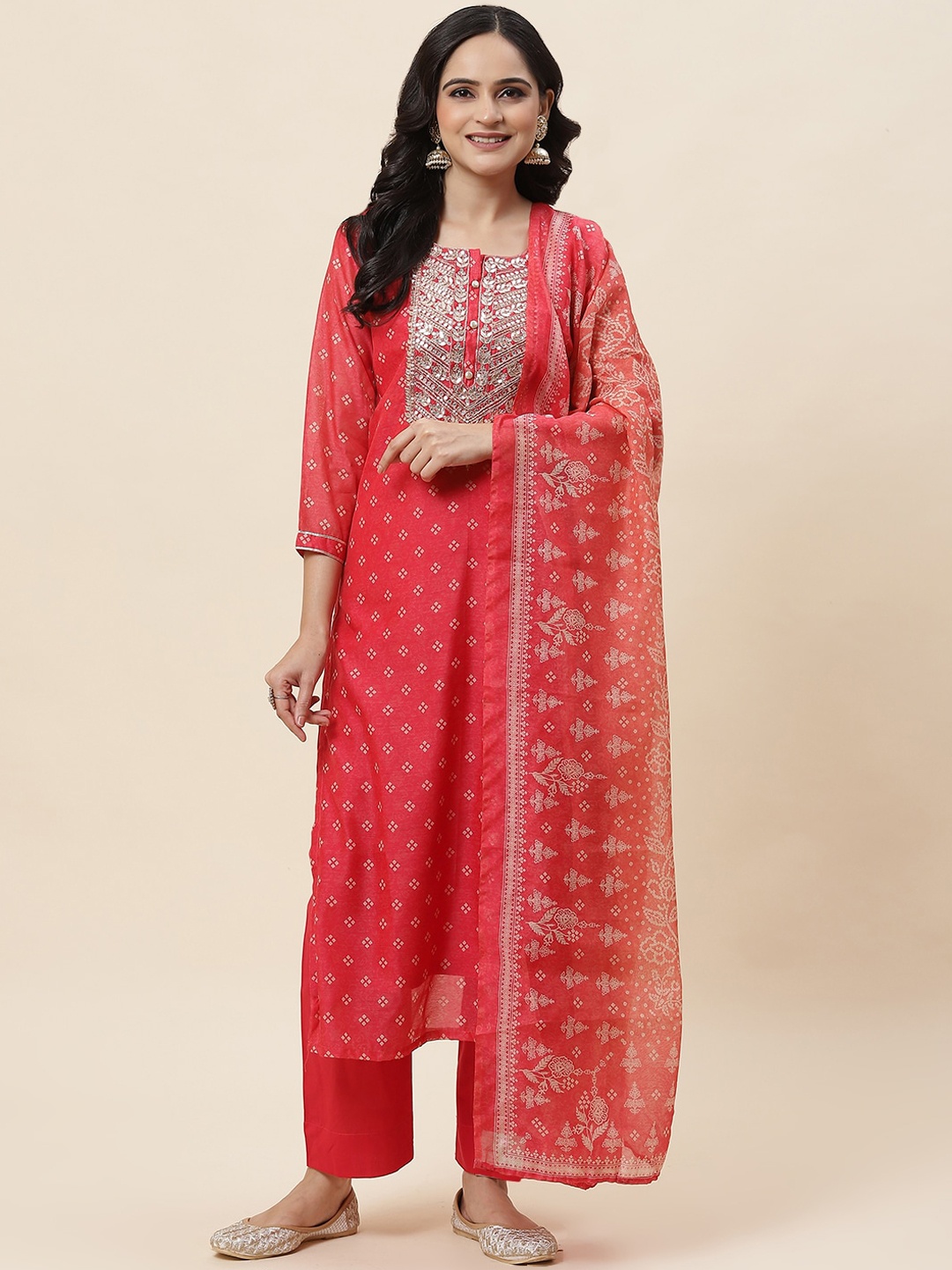 

Meena Bazaar Bandhani Printed Regular Sequinned Kurta With Trousers & Dupatta, Orange