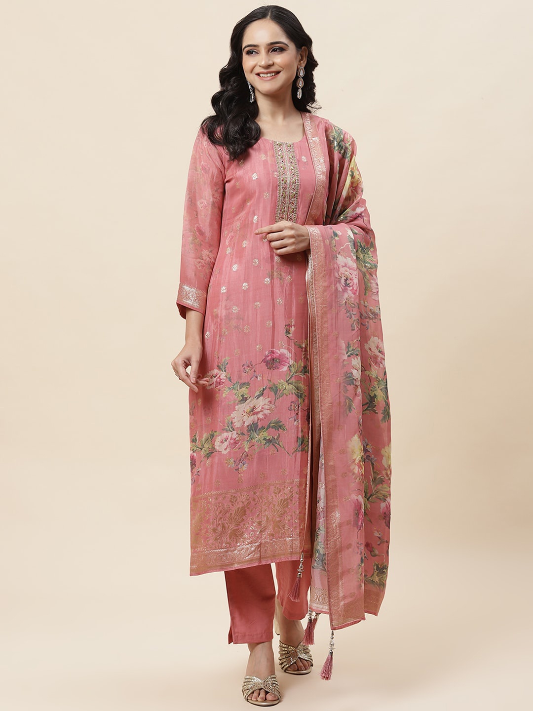 

Meena Bazaar Ethnic Motifs Woven Design Sequinned Kurta With Trousers & Dupatta, Pink