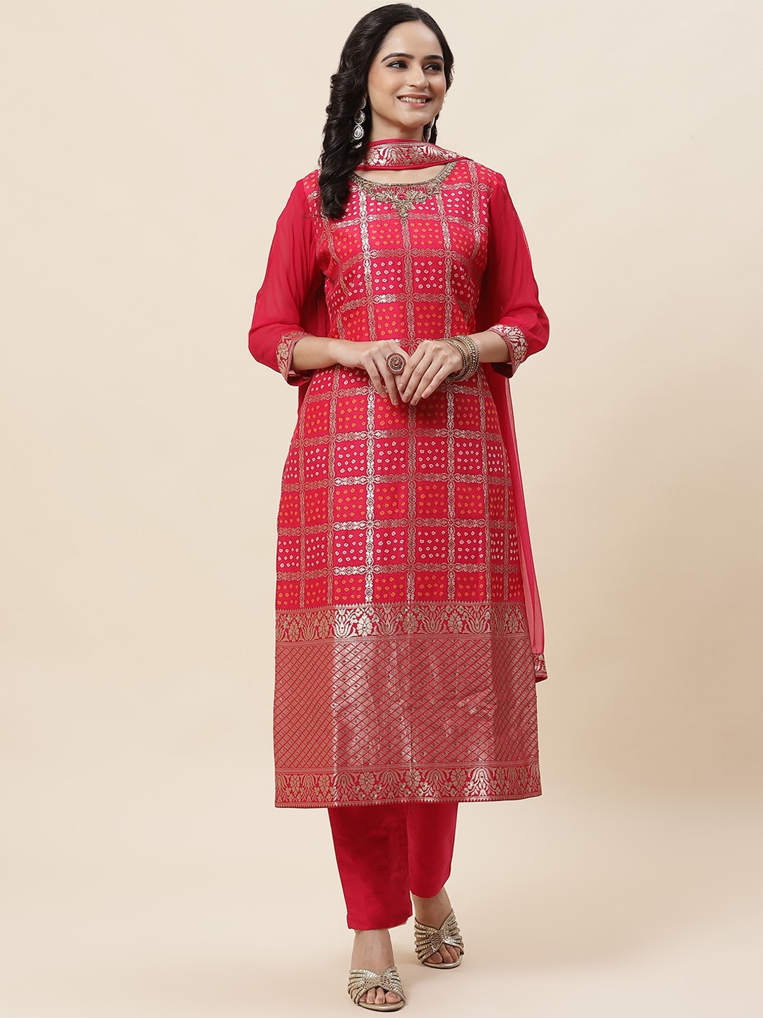 

Meena Bazaar Woven Design Regular Kurta with Trousers & With Dupatta, Pink