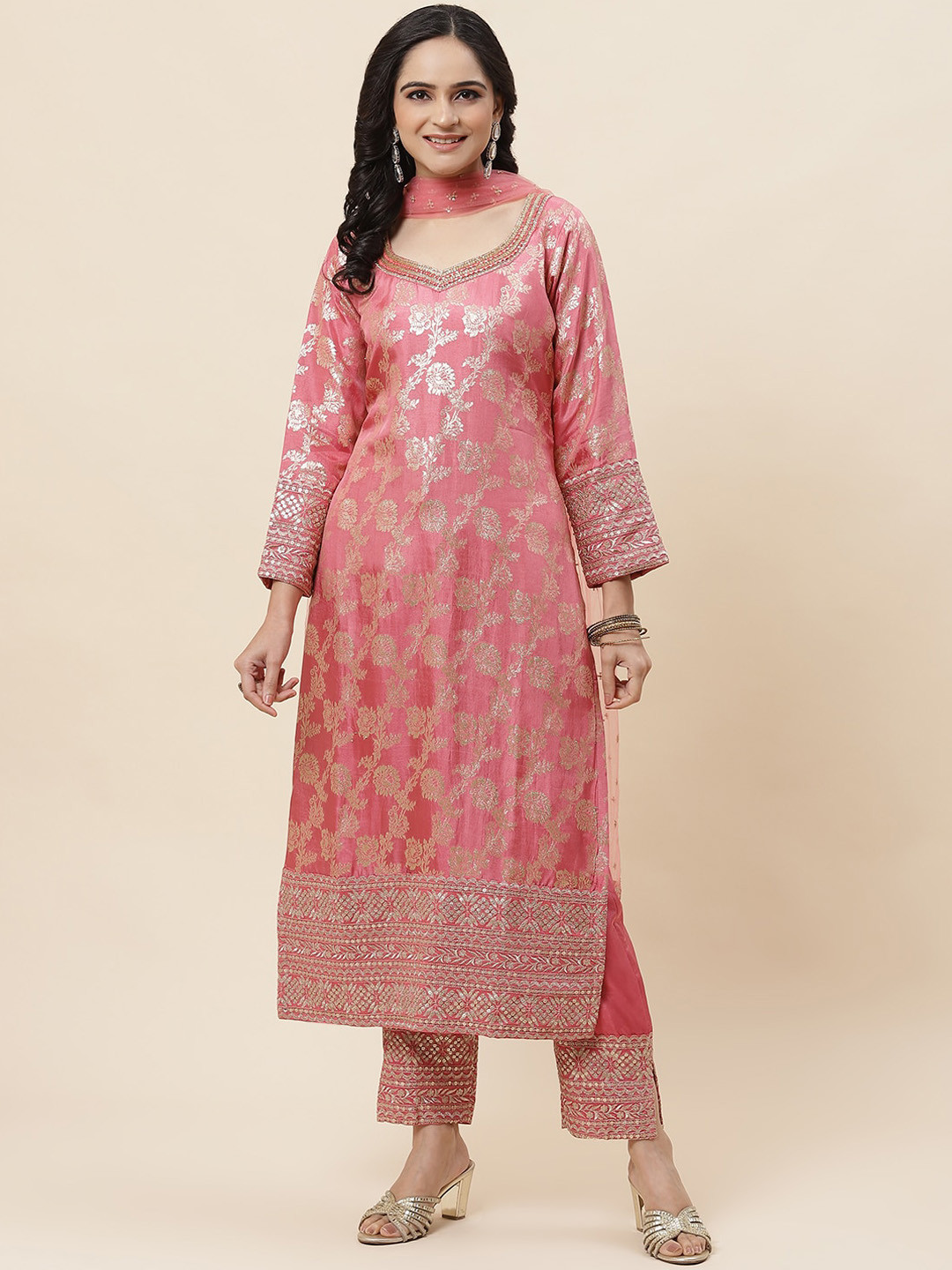 

Meena Bazaar Floral Woven Design Zari Kurta With Trousers & Dupatta, Pink