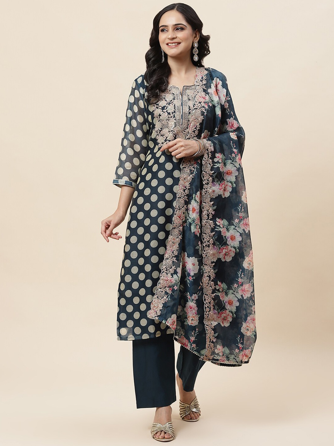 

Meena Bazaar Geometric Printed Sequinned Kurta With Trousers & Dupatta, Blue