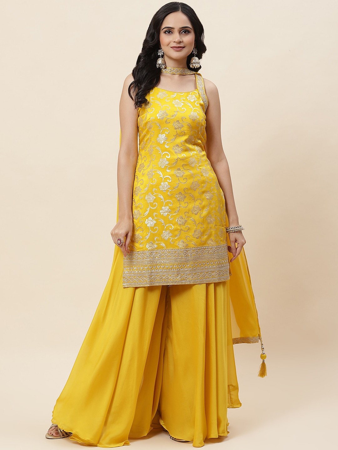 

Meena Bazaar Woven Design Shoulder Strap Neck Thread Work Kurta with Sharara & Dupatta, Yellow
