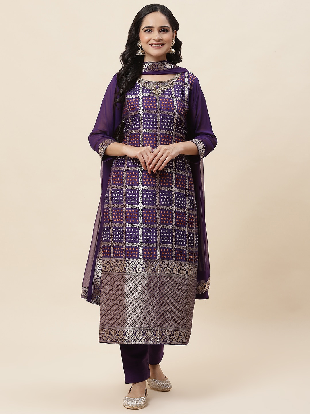 

Meena Bazaar Ethnic Motifs Woven Design Zari Kurta With Trousers & Dupatta, Purple