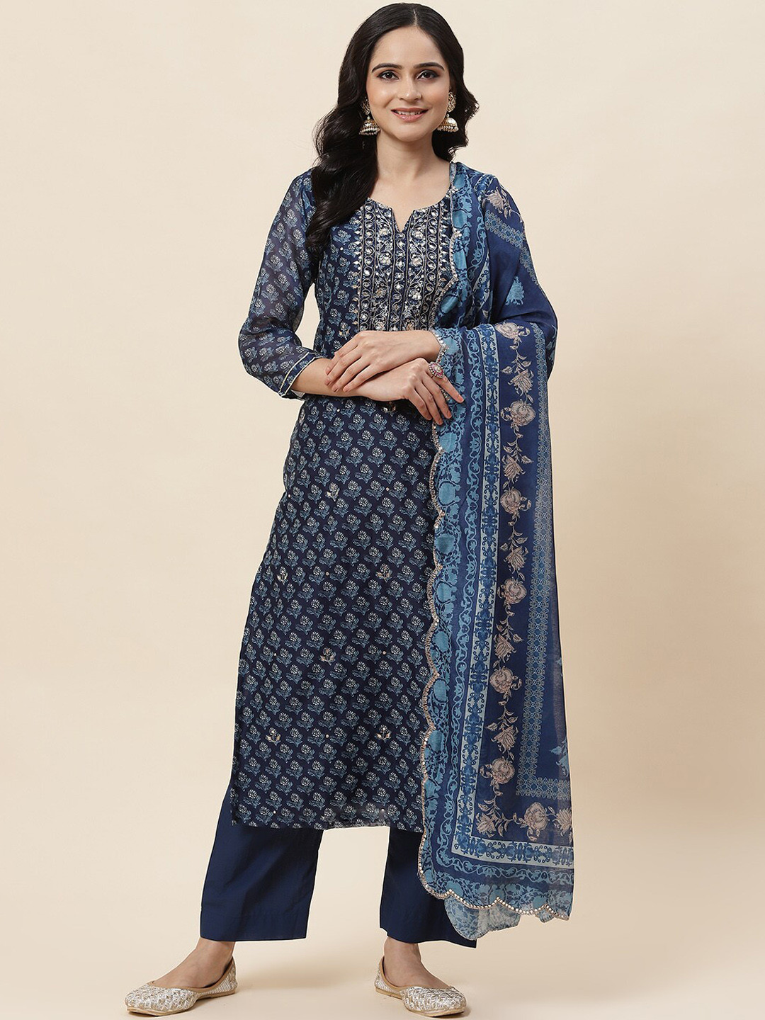 

Meena Bazaar Floral Printed Regular Sequinned Kurta with Trousers & With Dupatta, Blue