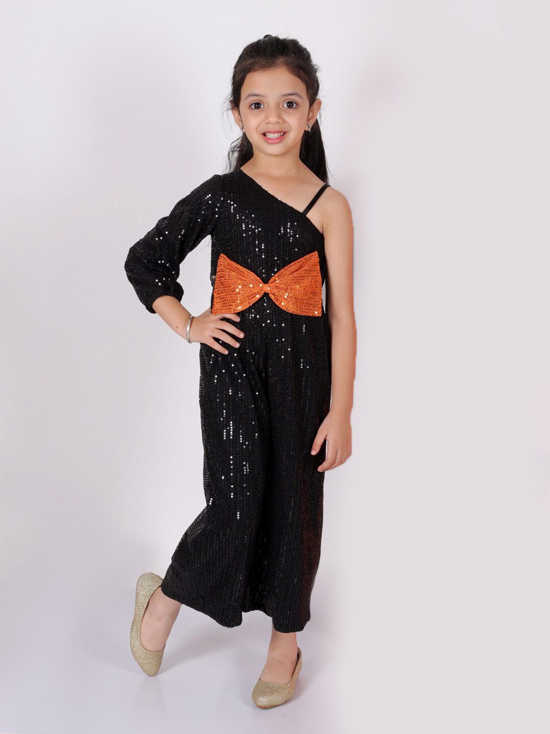 

LIL DRAMA Girls Self Design Embellished One Shoulder Basic Jumpsuit, Black