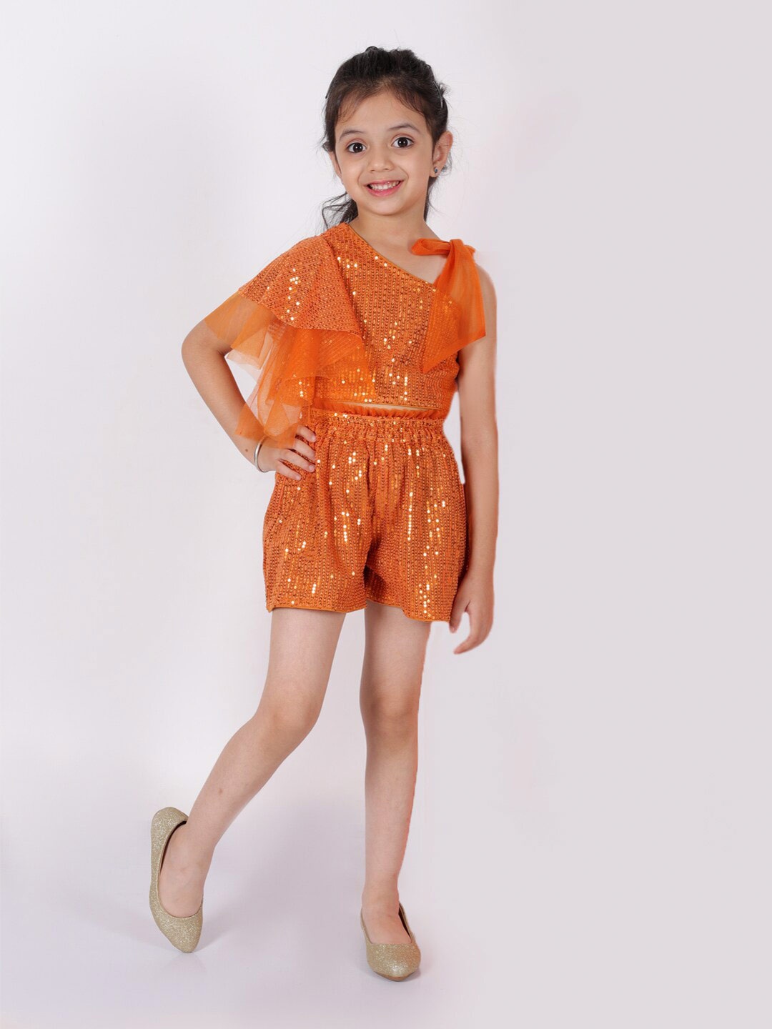 

LIL DRAMA Girls Embellished symmetric Neck Top with Shorts, Orange