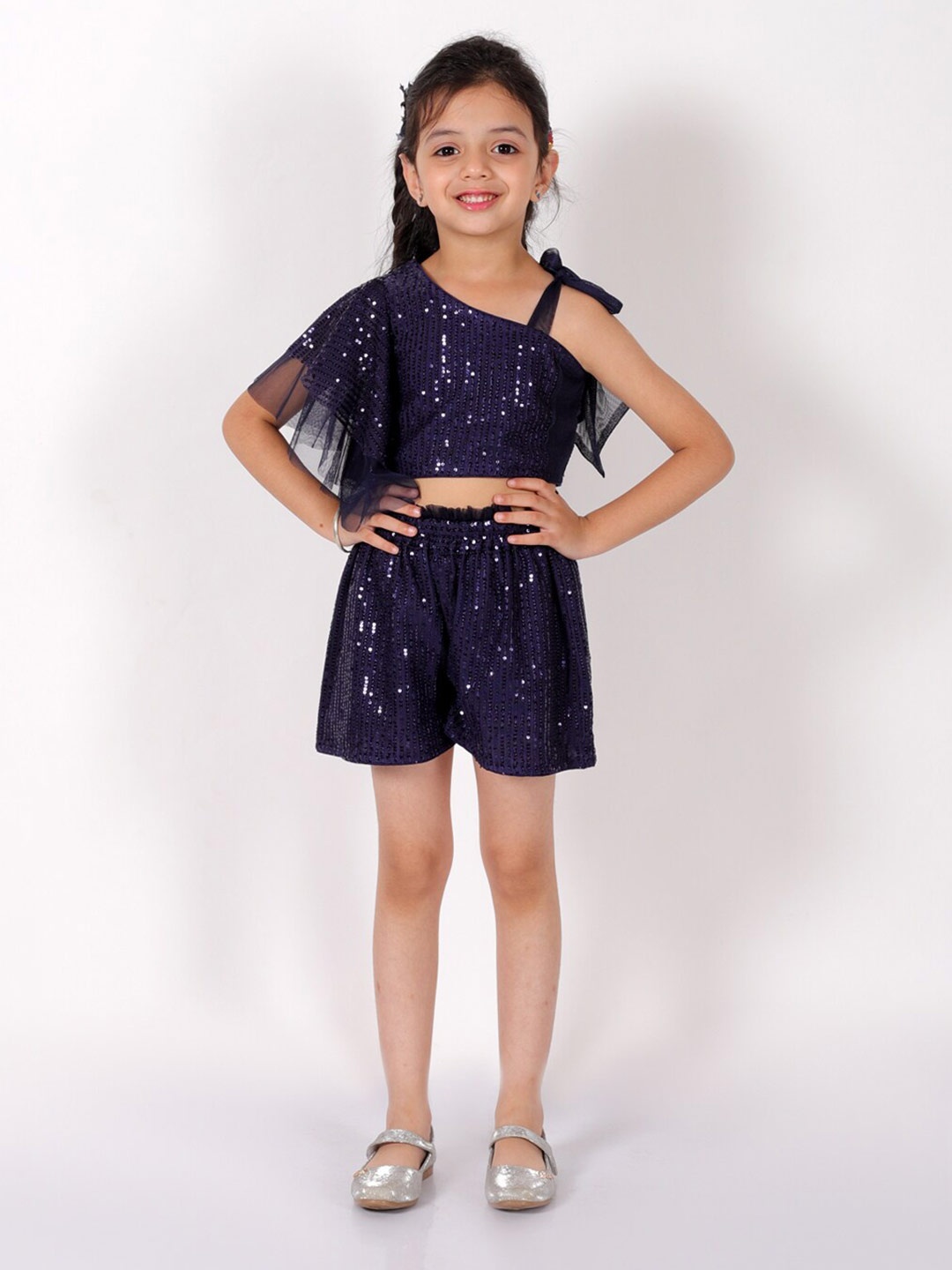 

LIL DRAMA Girls Embellished symmetric Neck Top with Shorts, Blue