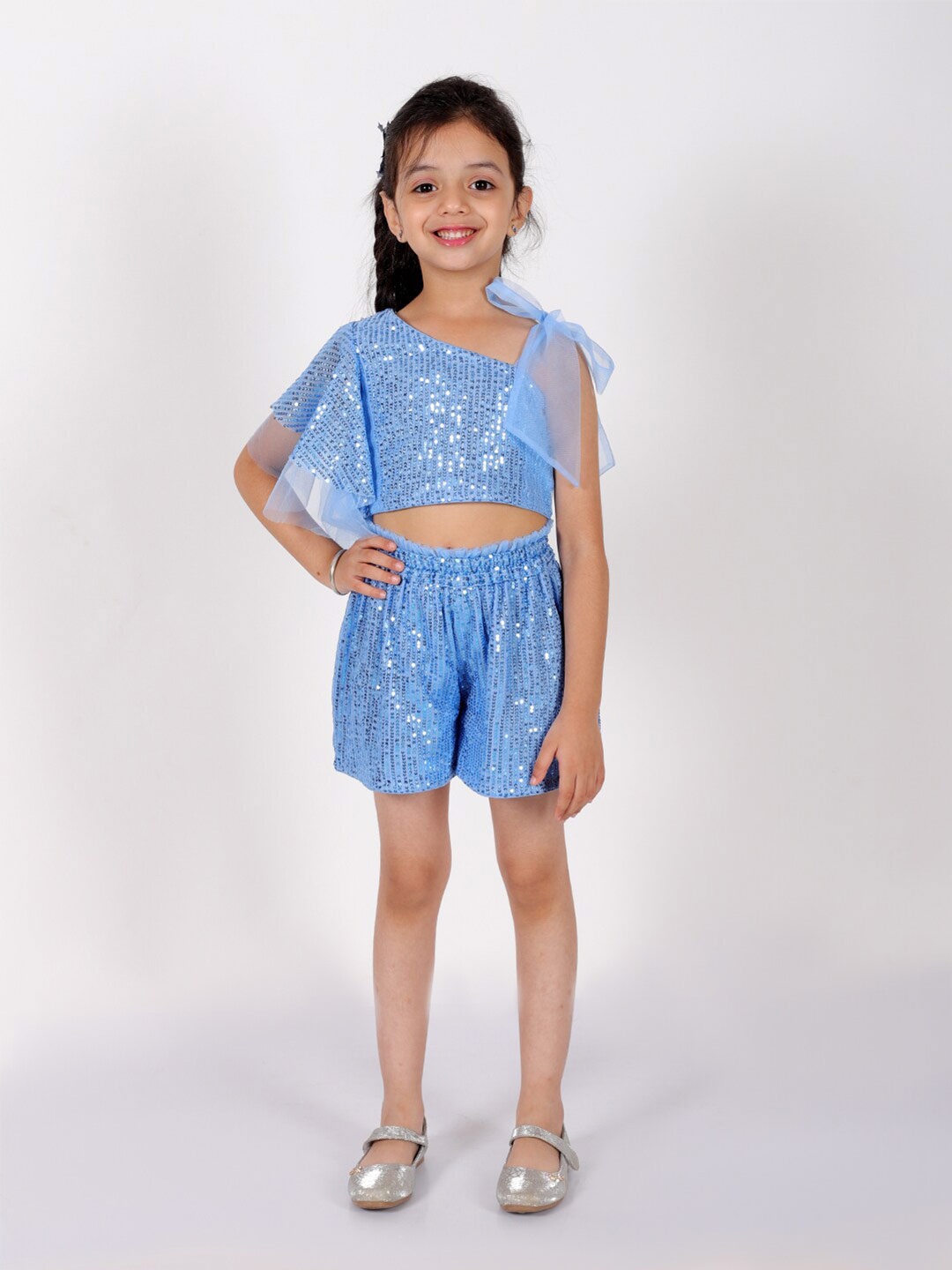 

LIL DRAMA Girls Embellished symmetric Neck Top with Shorts, Blue