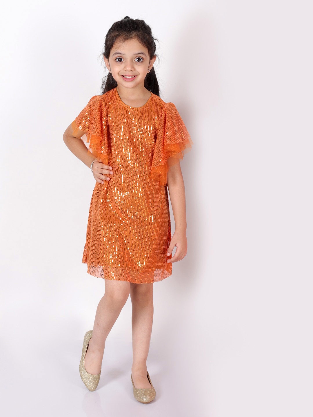 

LIL DRAMA Girls Embellished Flared Sleeves Bling & Sparkly A-Line Dress, Orange