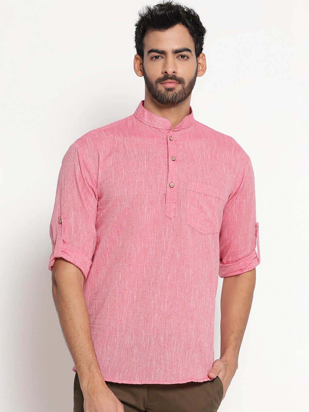 

JAVINISHKA Mandarin Collar Roll-Up Sleeves Cotton Linen Kurta, Pink