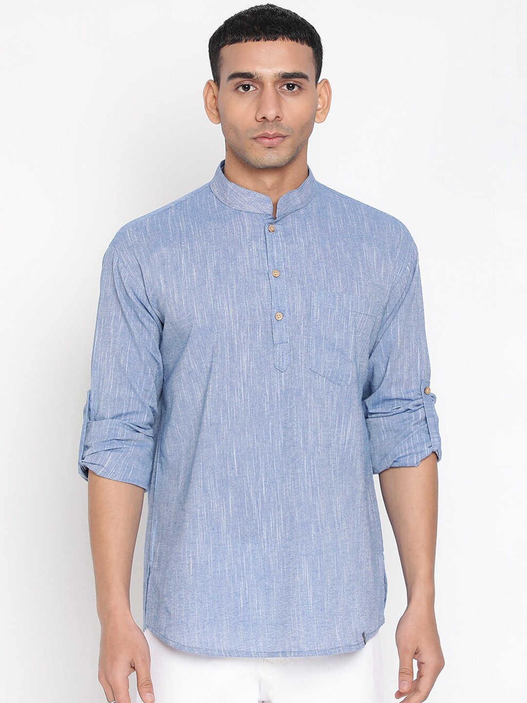 

JAVINISHKA Mandarin Collar Cotton Linen Short Kurta, Blue