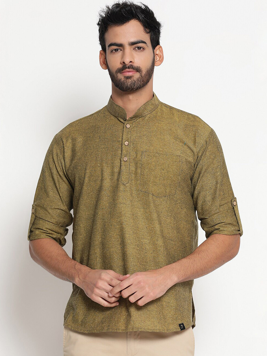 

JAVINISHKA Mandarin Collar Cotton Linen Short Kurta, Mustard