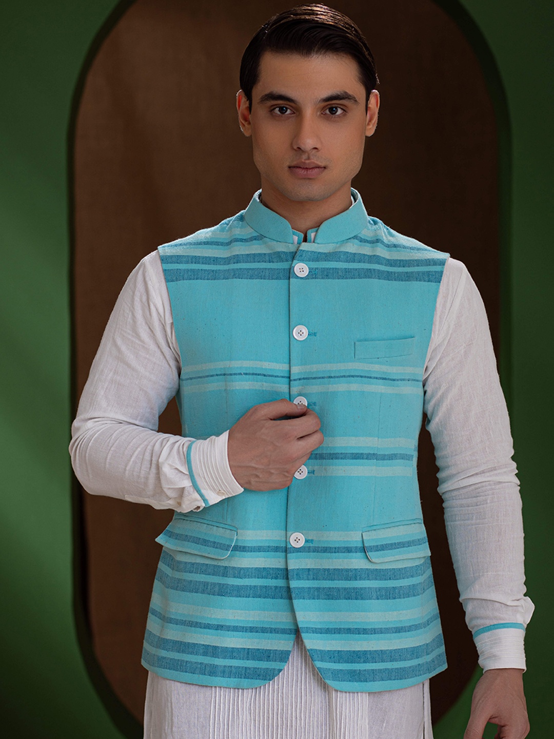 

Earthpiece Striped Organic Cotton Nehru Jacket, Turquoise blue