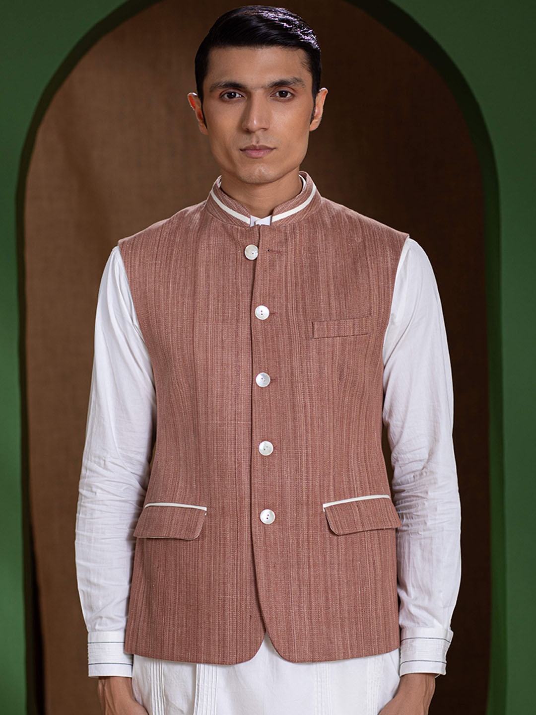 

Earthpiece Mandarin Collar Pure Cotton Nehru Jacket, Brown
