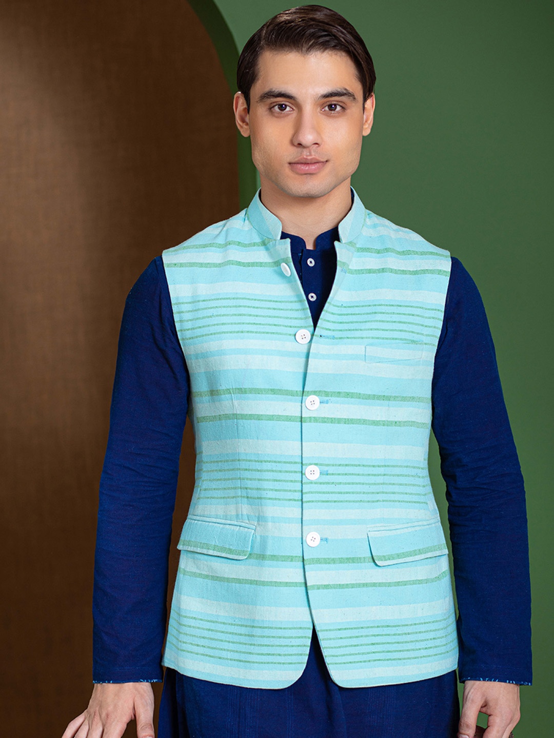 

Earthpiece Mandarin Collar Pure Cotton Nehru Jacket, Turquoise blue