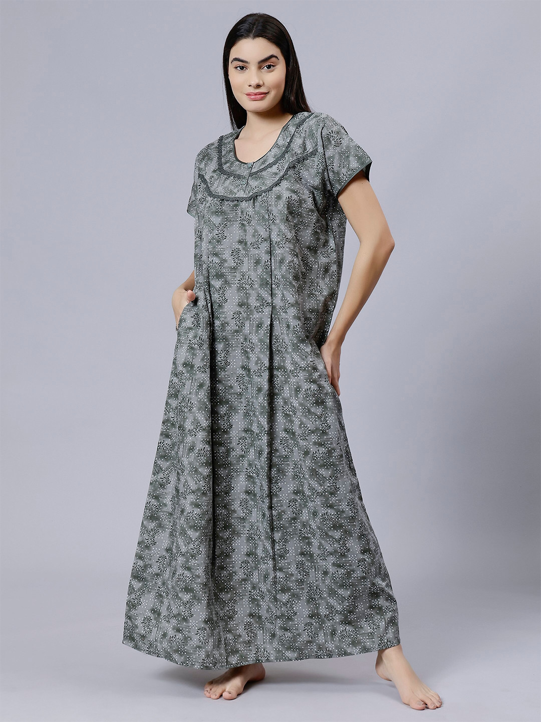 

NIGHTSPREE Floral Printed Maternity And Feeding Maxi Nightdress, Green