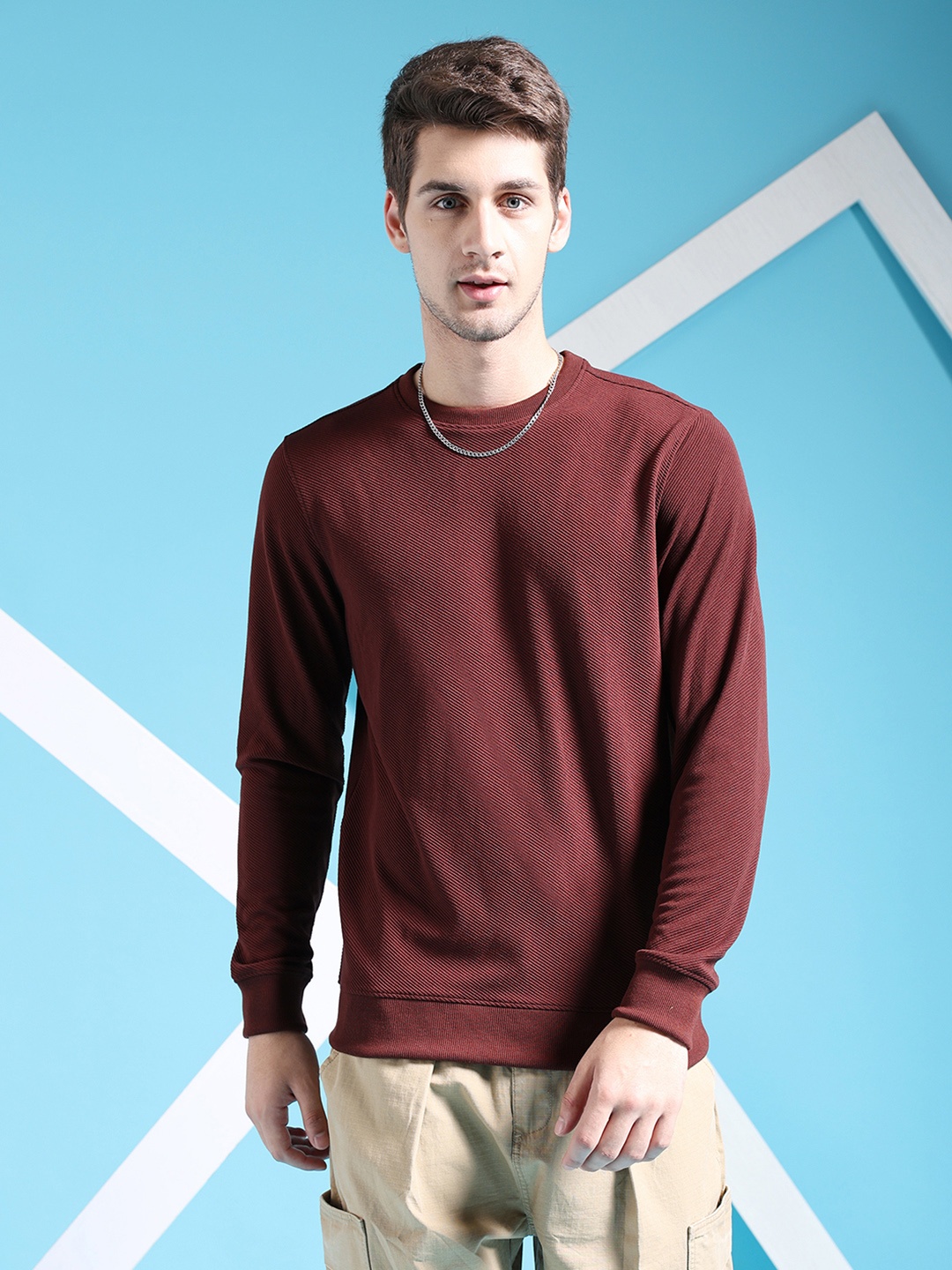 

The Indian Garage Co Self Design Textured Long Sleeve Pullover Sweatshirt, Brown