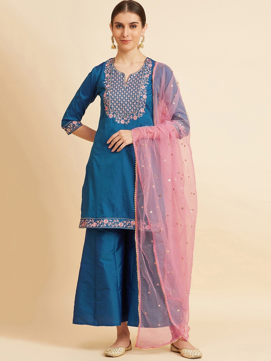 

Azira Floral Yoke Design Thread Work Straight Kurta & Palazzo With Dupatta, Blue