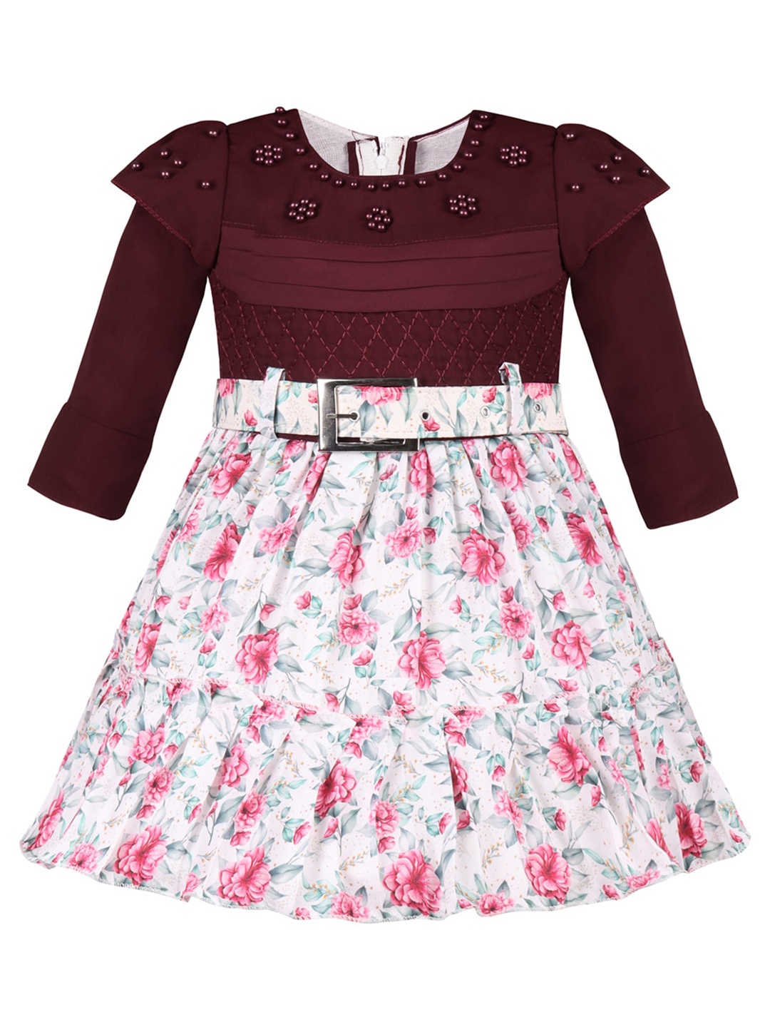 

Wish Karo Girls Floral Printed Embellished Detail Satin Fit & Flare Dress, Maroon