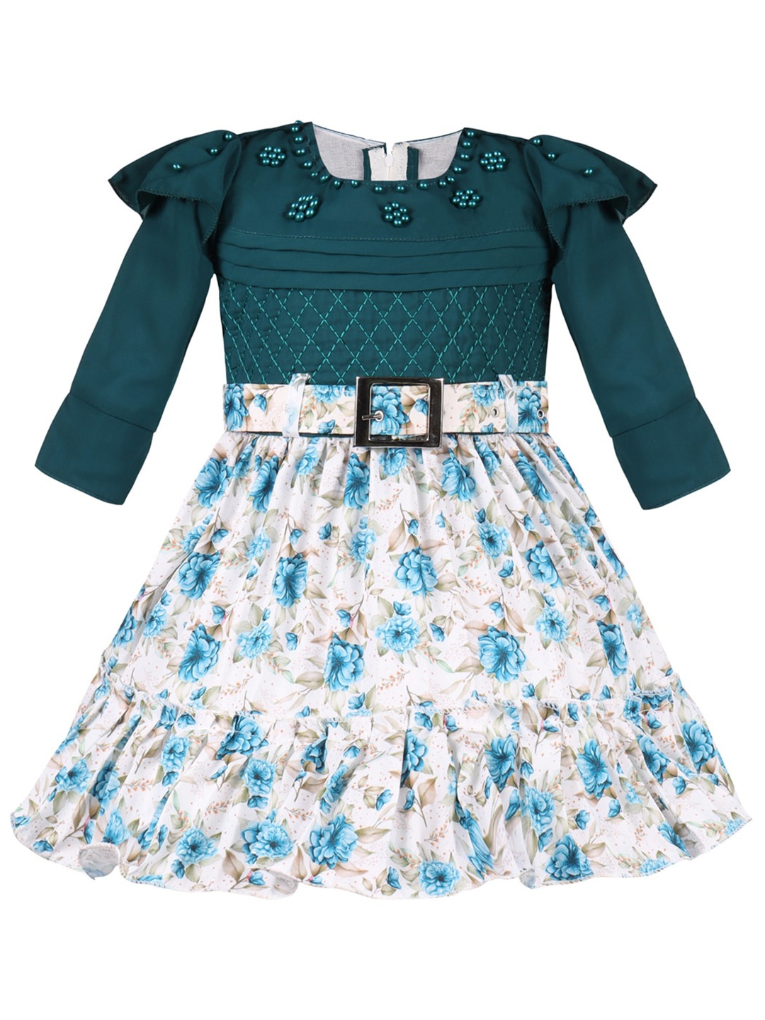 

Wish Karo Girls Floral Printed Belted Fit & Flare Dress, Green