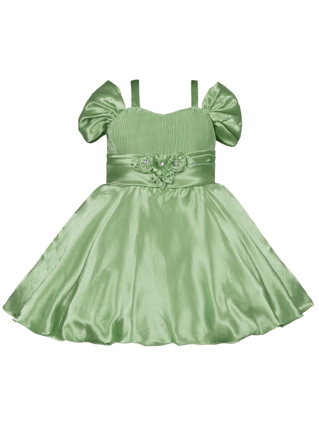 

Wish Karo Girls Shoulder Straps Puff Sleeves Silk Fit & Flare Dress, Green