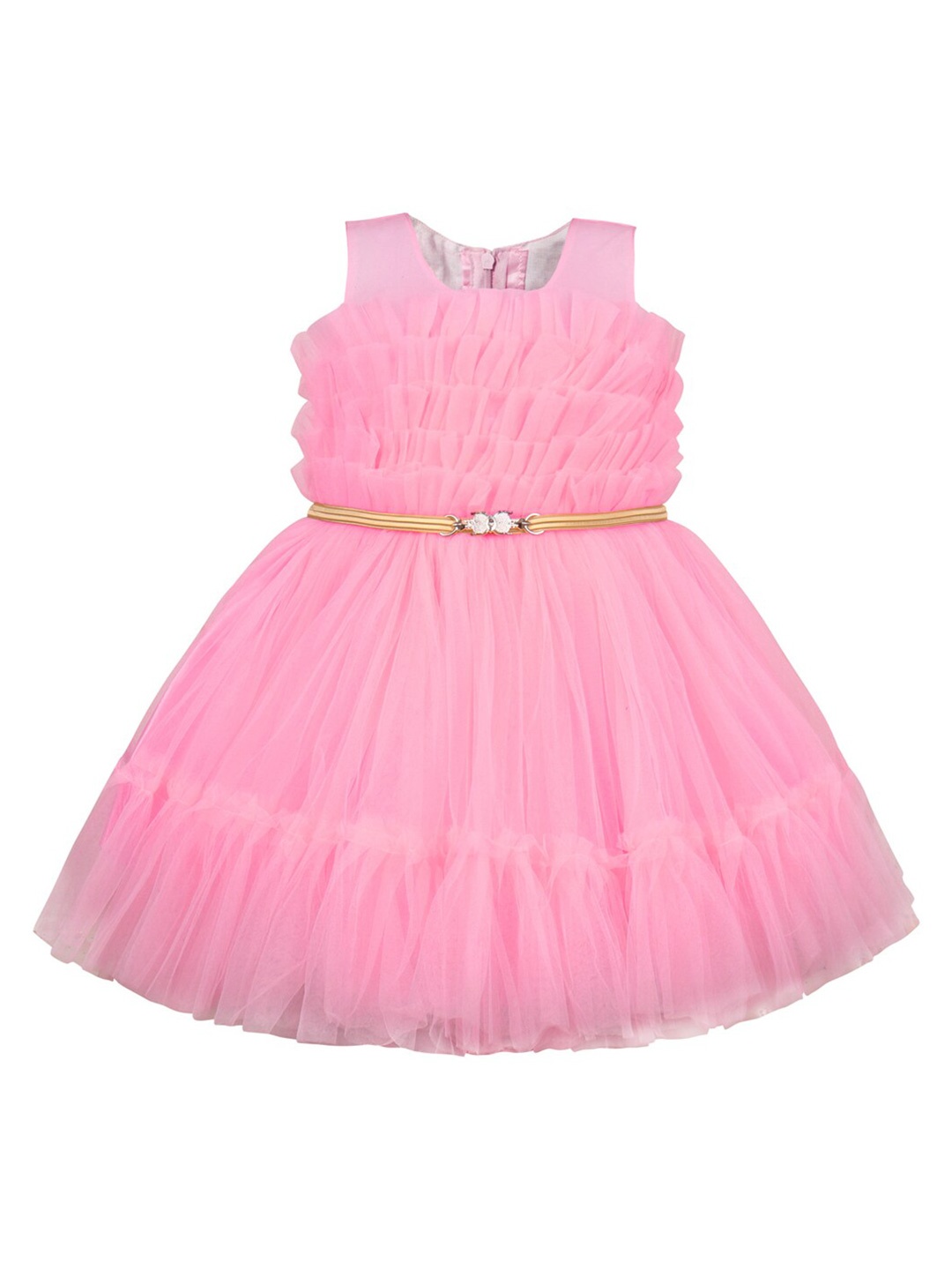 

Wish Karo Sleeveless Layered Detail Net Fit & Flare Dress, Pink