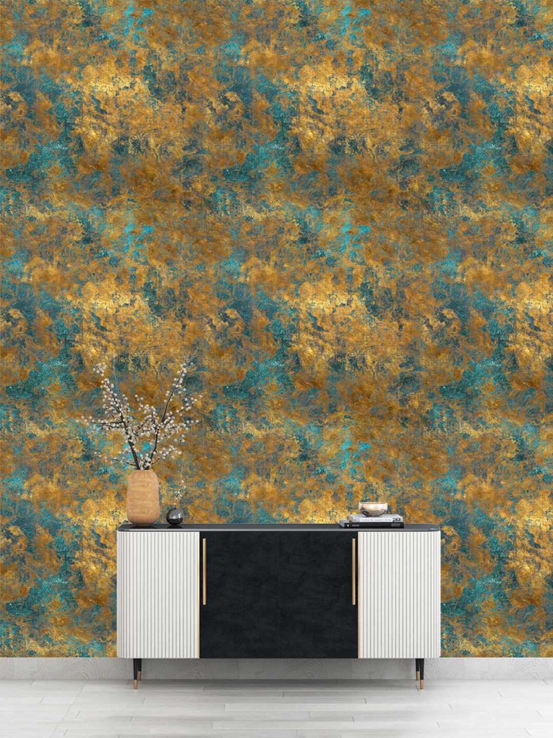 

DWELLSINDIA Teal Green & Golden Printed Self-Adhesive Wallpaper