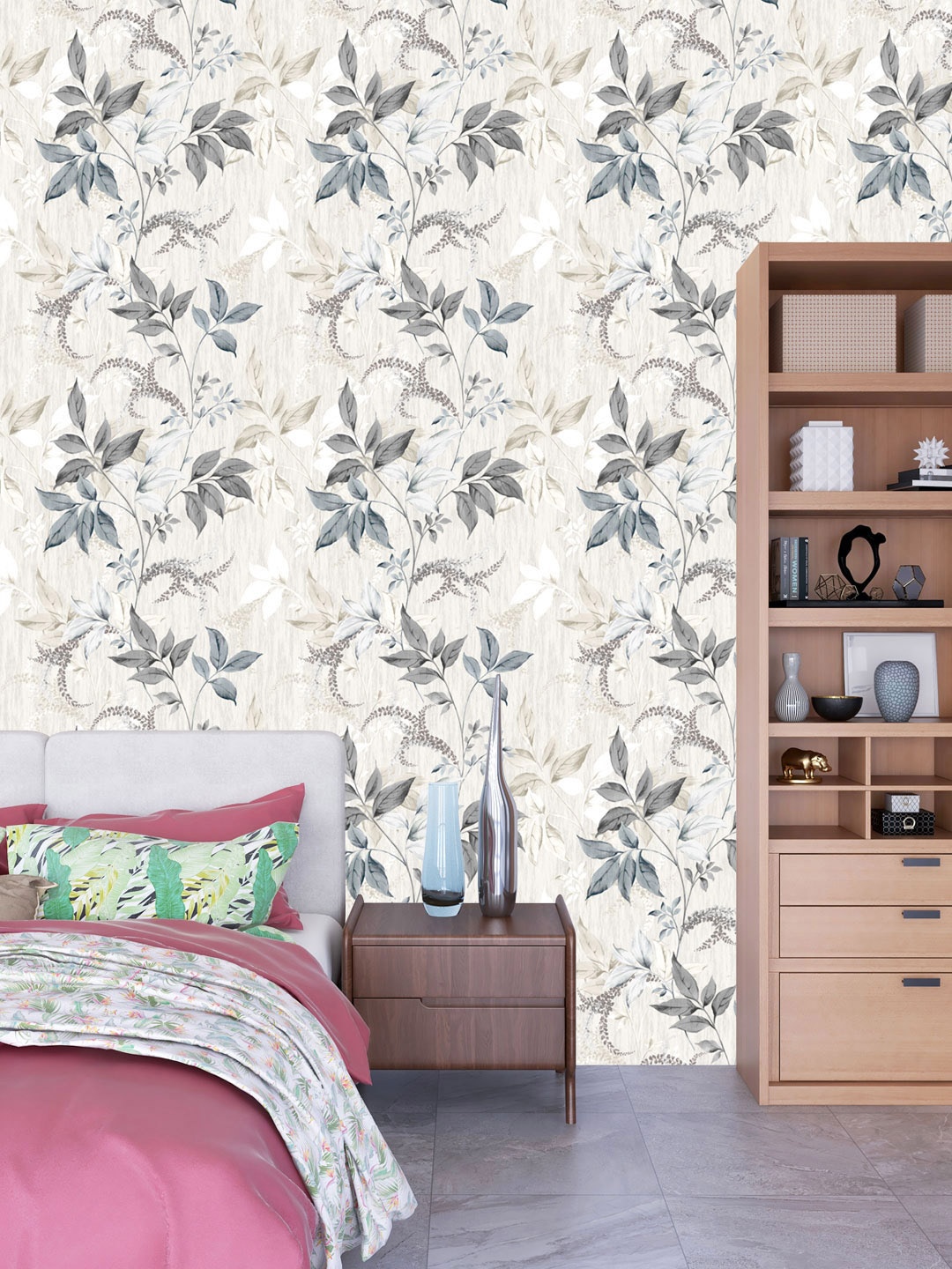 

DWELLSINDIA White & Grey Leaf Printed Self-Adhesive Wallpaper