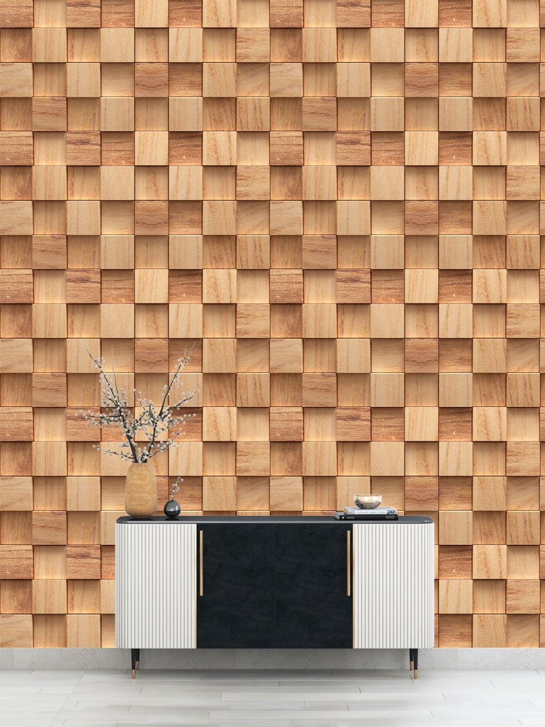 

DWELLSINDIA Brown 3D Wooden Cubes Printed Self Adhesive Wallpaper