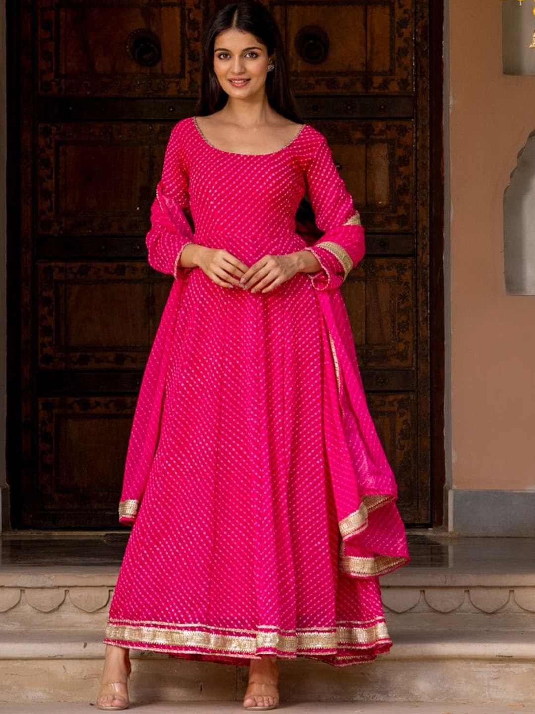 

HOUSE OF JAMOTI Ethnic Motifs Printed Kurta & Trousers With Dupatta, Pink