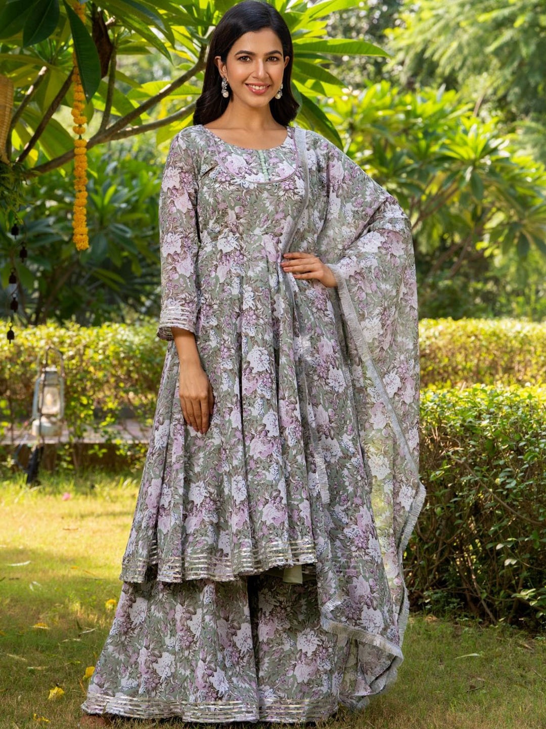 

HOUSE OF JAMOTI Floral Printed Anarkali Kurta With Sharara & Dupatta, Green