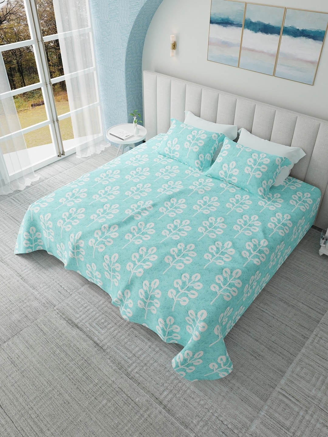 

HOUMN Blue & White Floral Cotton 300 TC King Bedsheet With 2 Pillow Covers