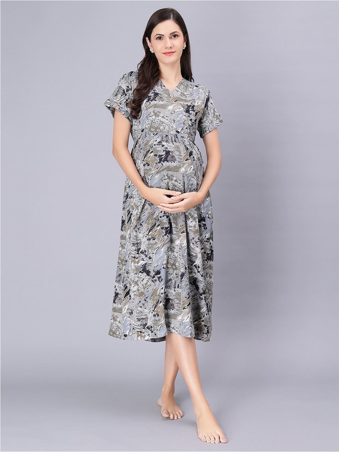 

NIGHTSPREE Geometric Printed V-Neck Maternity Nightdress, Green