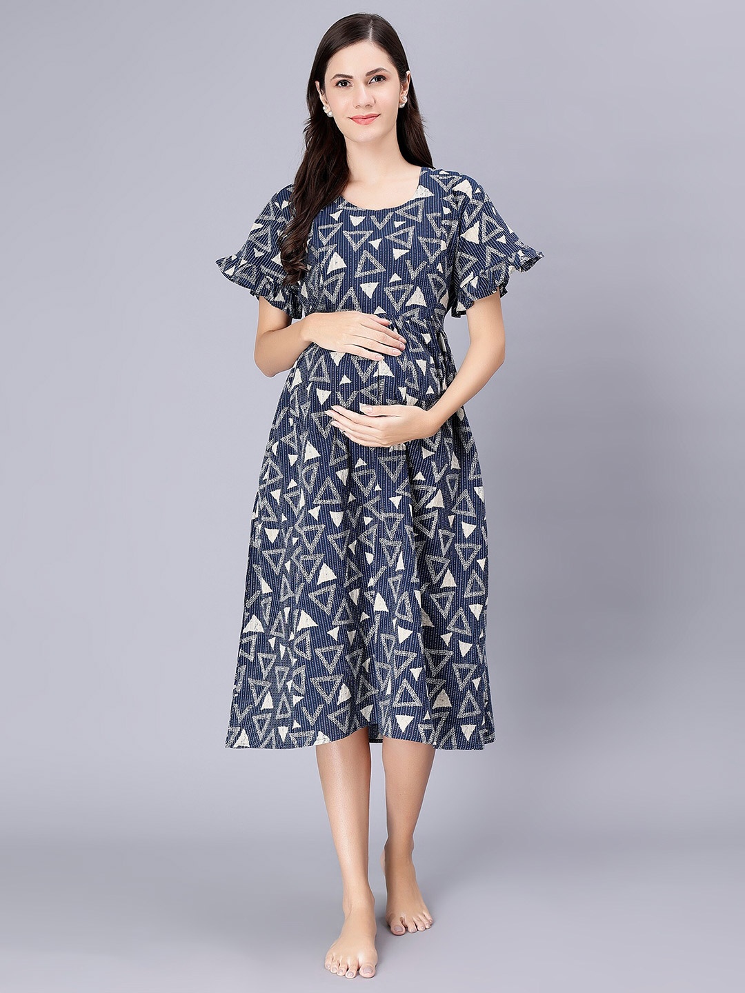 

NIGHTSPREE Geometric Printed Round Neck Cotton Maternity Nightdress, Navy blue