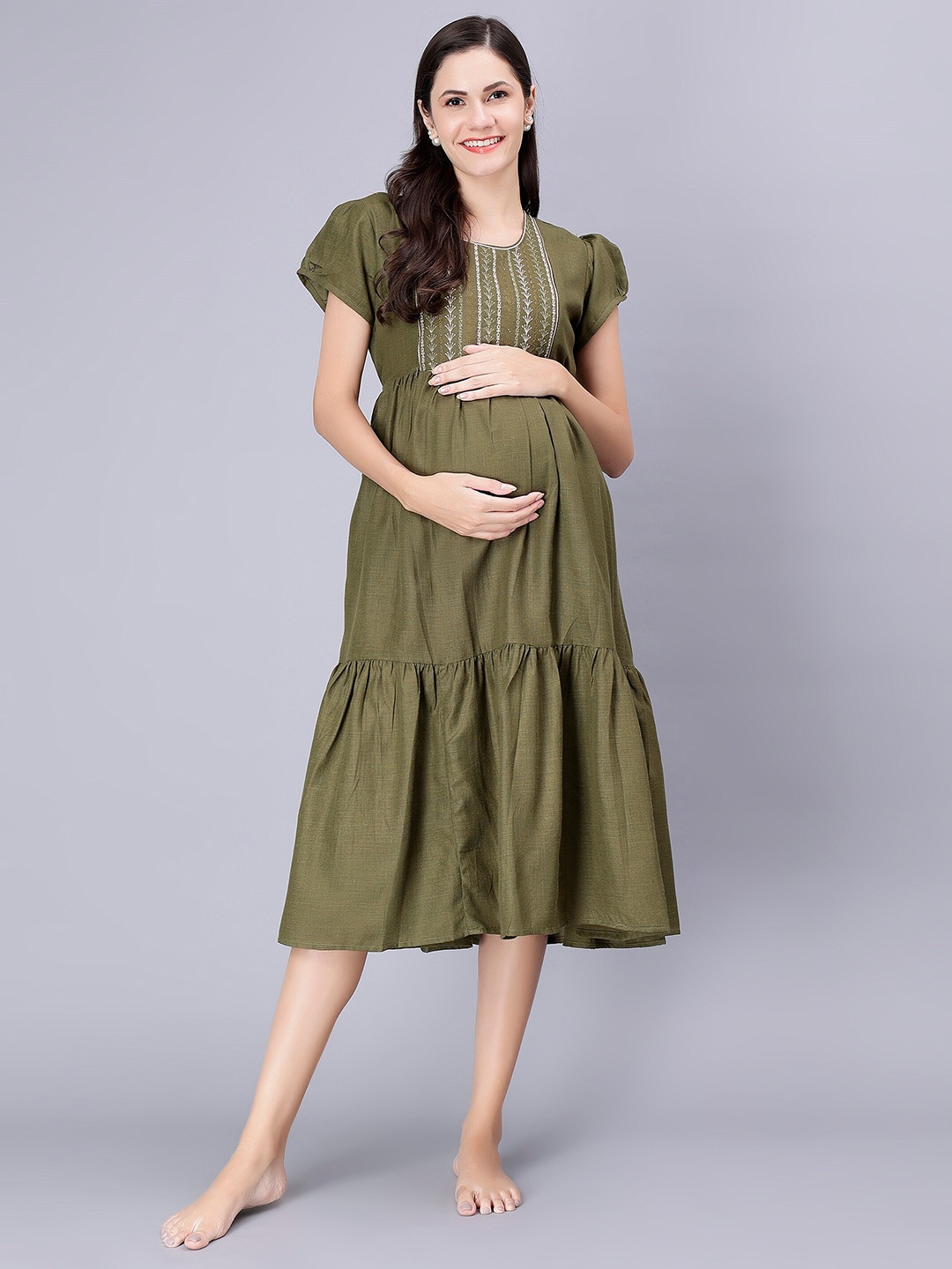 

NIGHTSPREE Floral Embroidered Puff Sleeves Pure Cotton Maternity Feeding Nightdress, Olive
