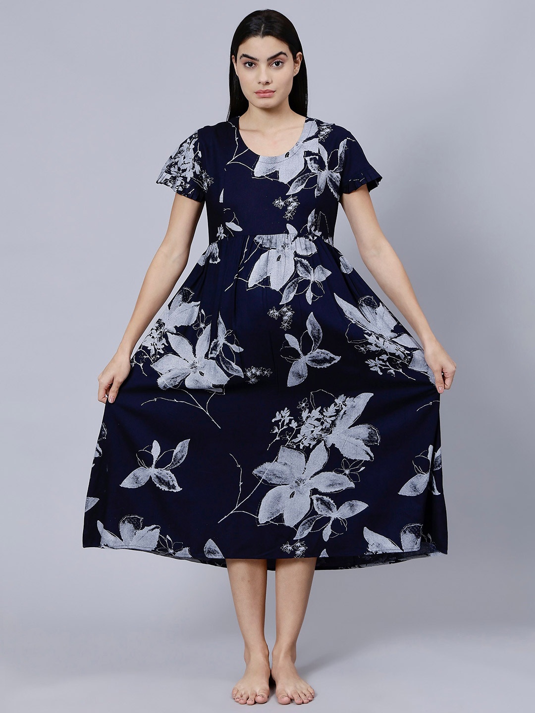 

NIGHTSPREE Maternity Floral Printed Round Neck A-Line Midi Dress, Navy blue
