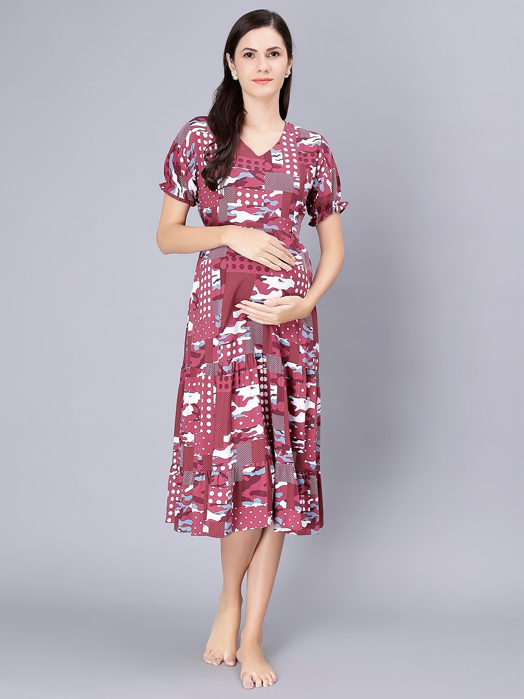 

NIGHTSPREE Geometric Printed V-Neck Maternity Nightdress, Pink