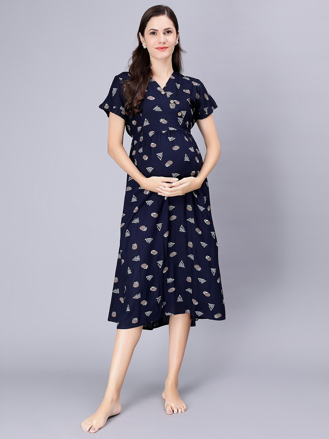 

NIGHTSPREE Geometric Printed V-Neck Maternity Nightdress, Navy blue
