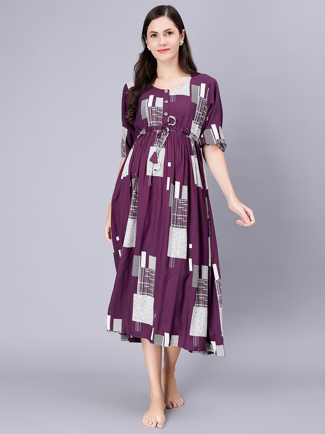 

NIGHTSPREE Abstract Printed Maternity Feeding Nightdress, Purple