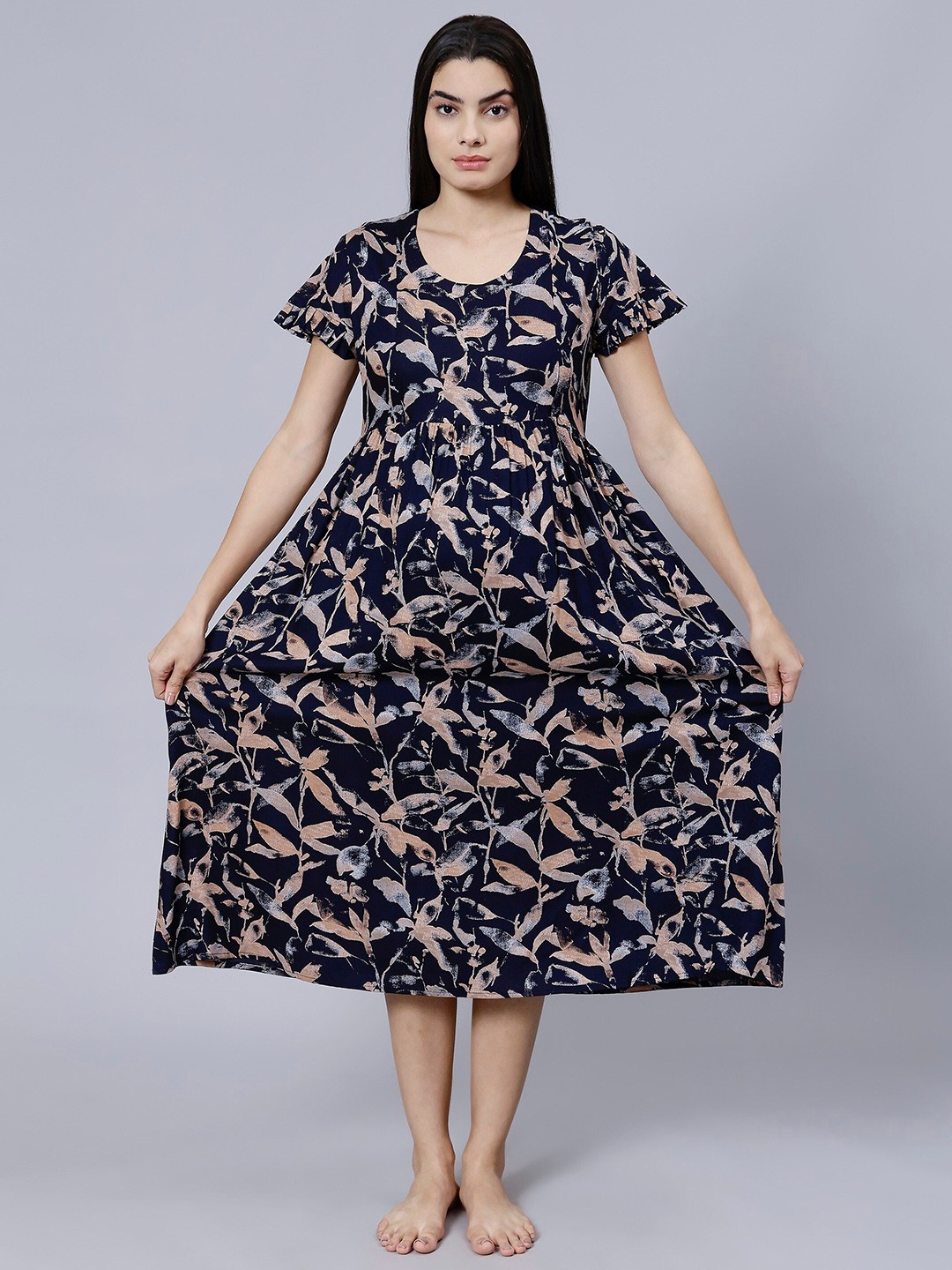 

NIGHTSPREE Tropical Printed Maternity Feeding Nightdress, Navy blue