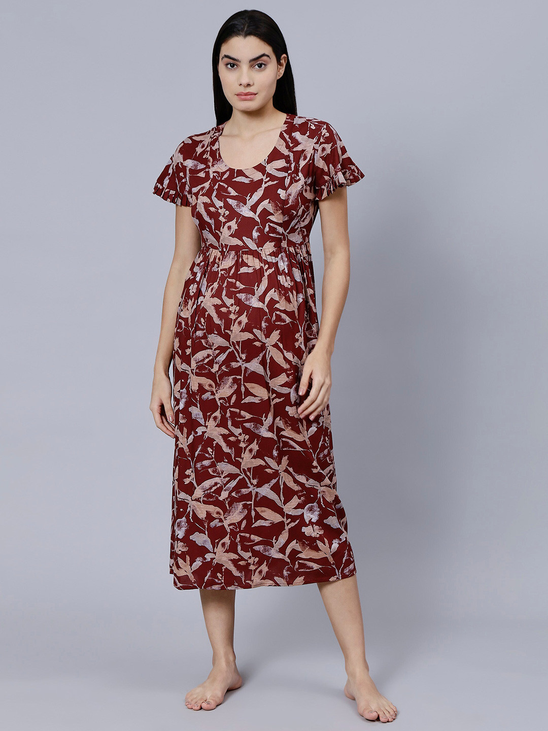 

NIGHTSPREE Floral Printed Round Neck Maternity Nightdress, Maroon