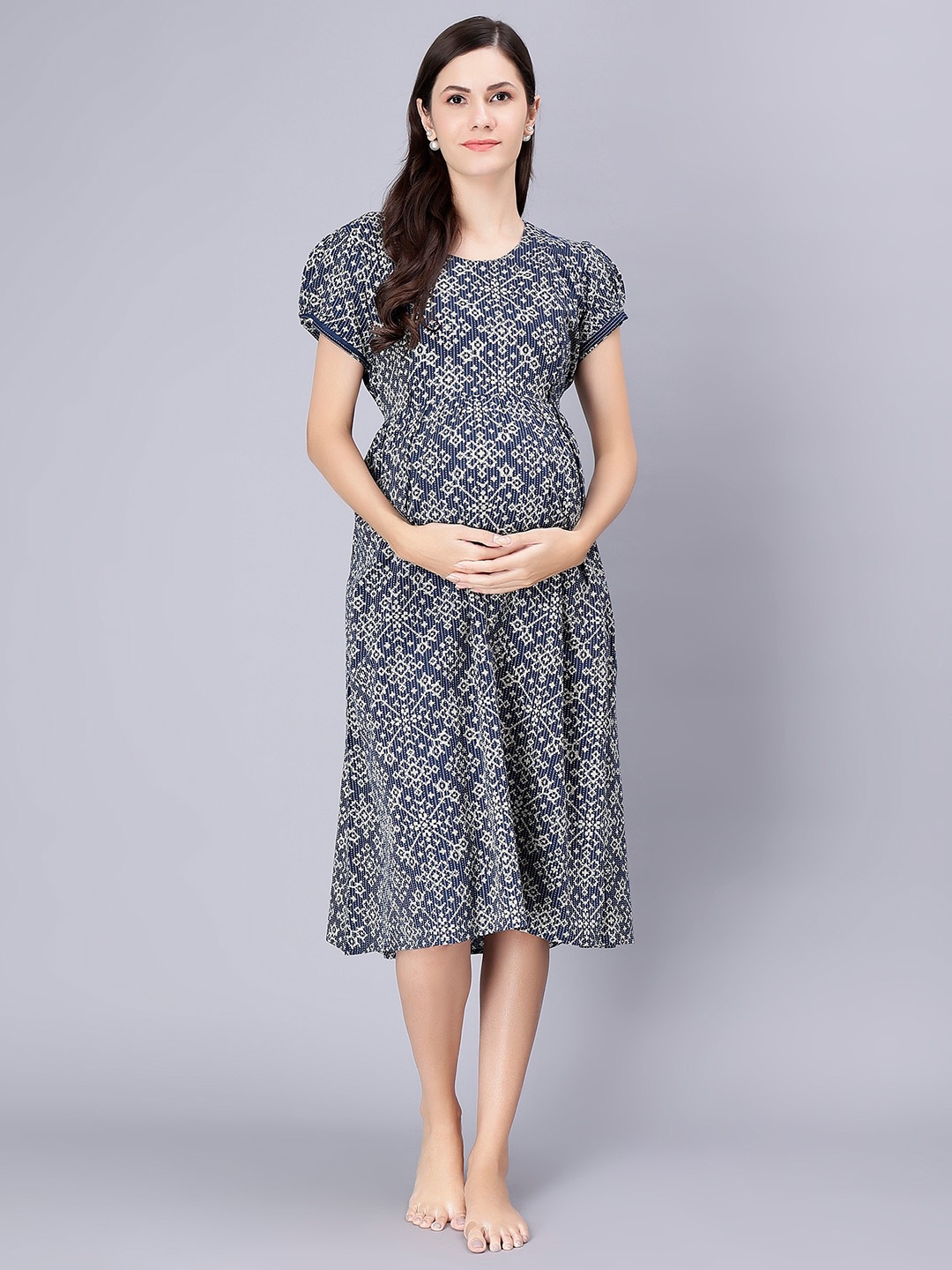 

NIGHTSPREE Ethnic Motifs Printed Pure Cotton Maternity Feeding Nightdress, Navy blue