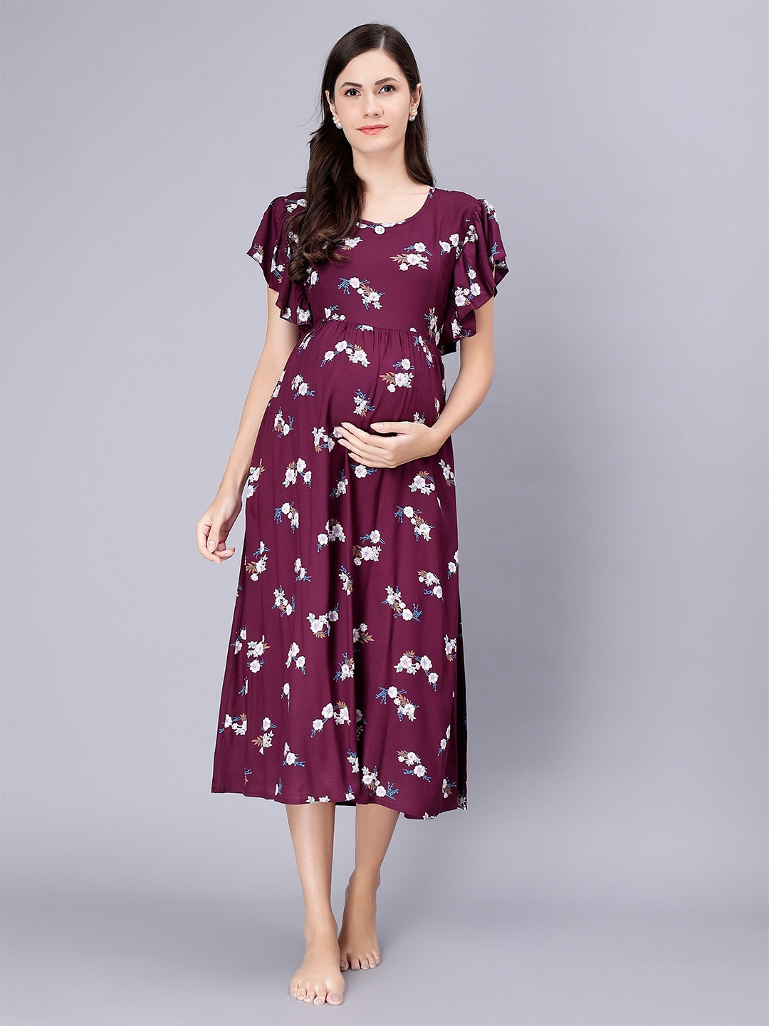

NIGHTSPREE Floral Printed Round Neck Maternity Nightdress, Purple