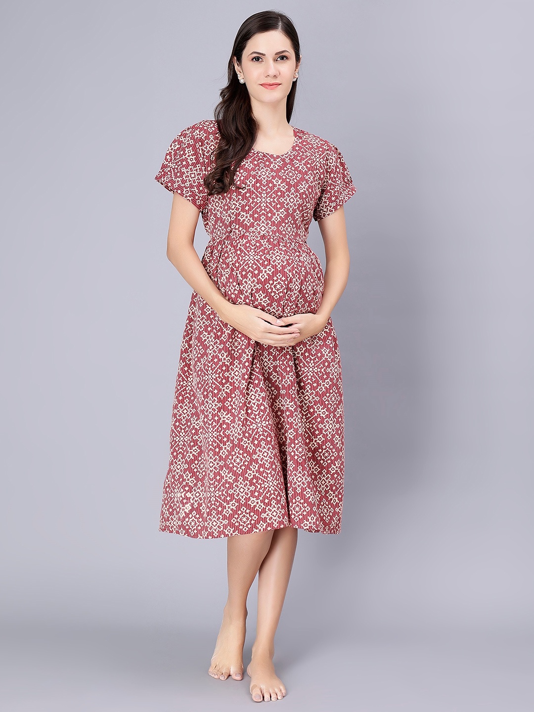 

NIGHTSPREE Ethnic Motifs Printed Pure Cotton Maternity Feeding Nightdress, Maroon