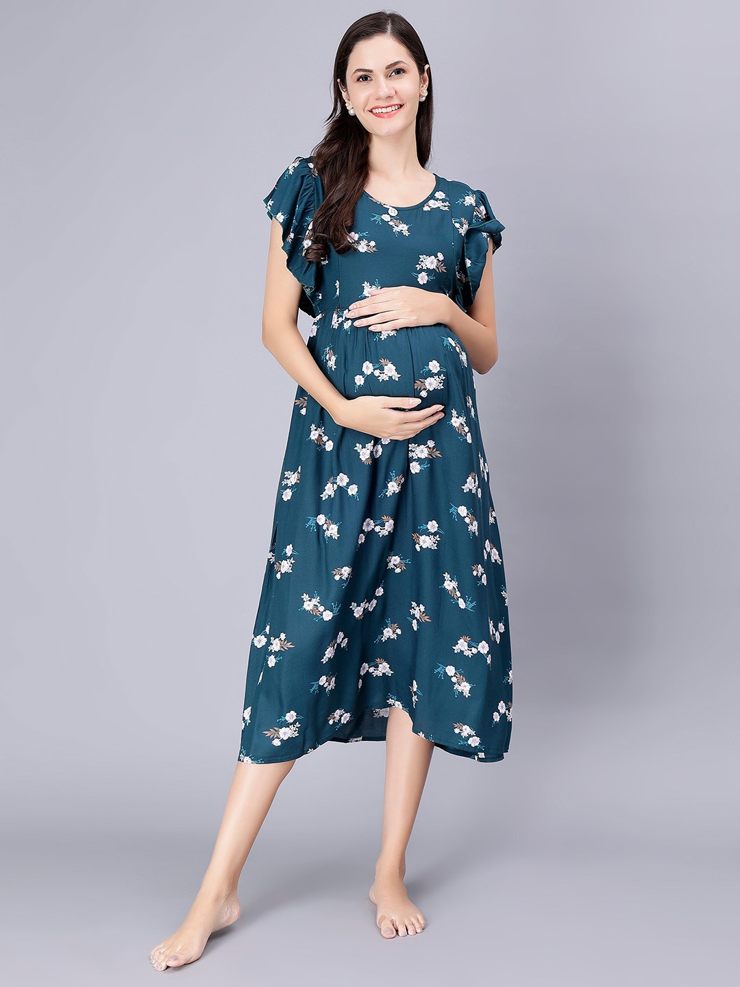 

NIGHTSPREE Floral Printed Round Neck Maternity Nightdress, Sea green