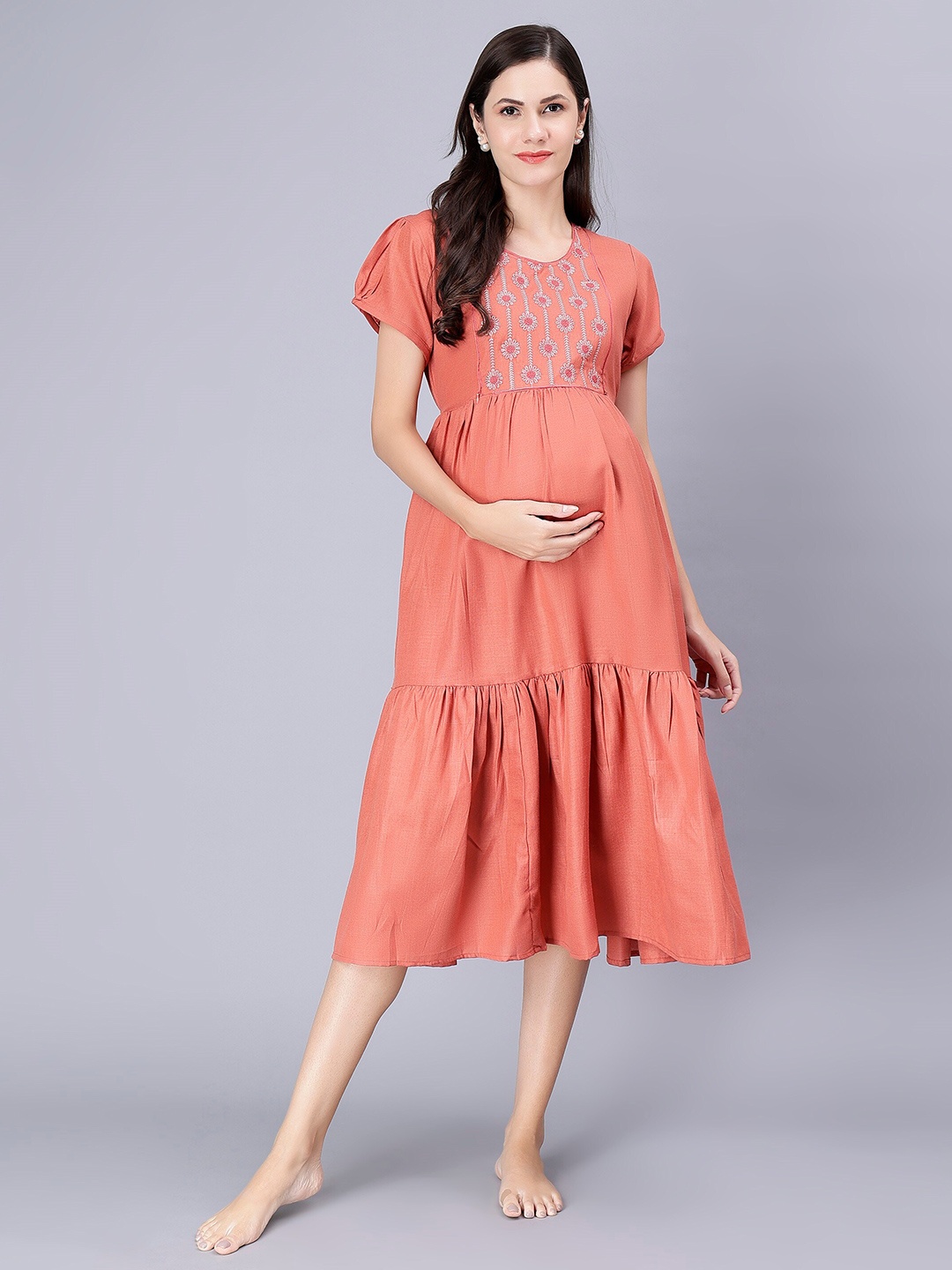 

NIGHTSPREE Floral Embroidered Cotton Maternity A-Line Midi Dress, Rust