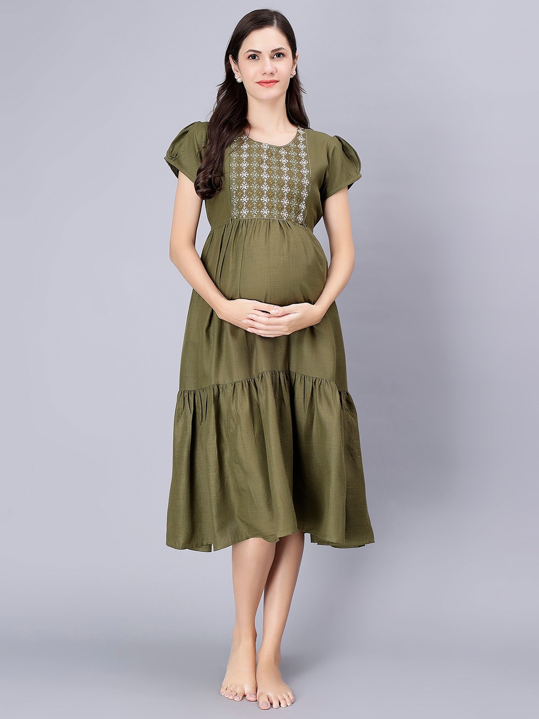 

NIGHTSPREE Floral Embroidered Cotton Maternity A-Line Midi Dress, Olive