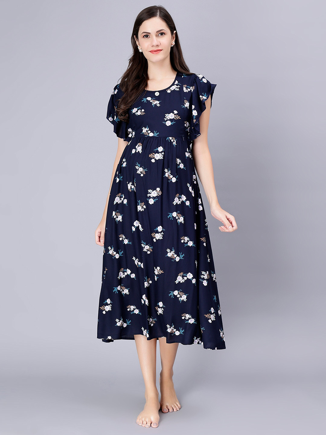 

NIGHTSPREE Floral Printed Flutter Sleeves Maternity A-Line Midi Nightdress, Navy blue