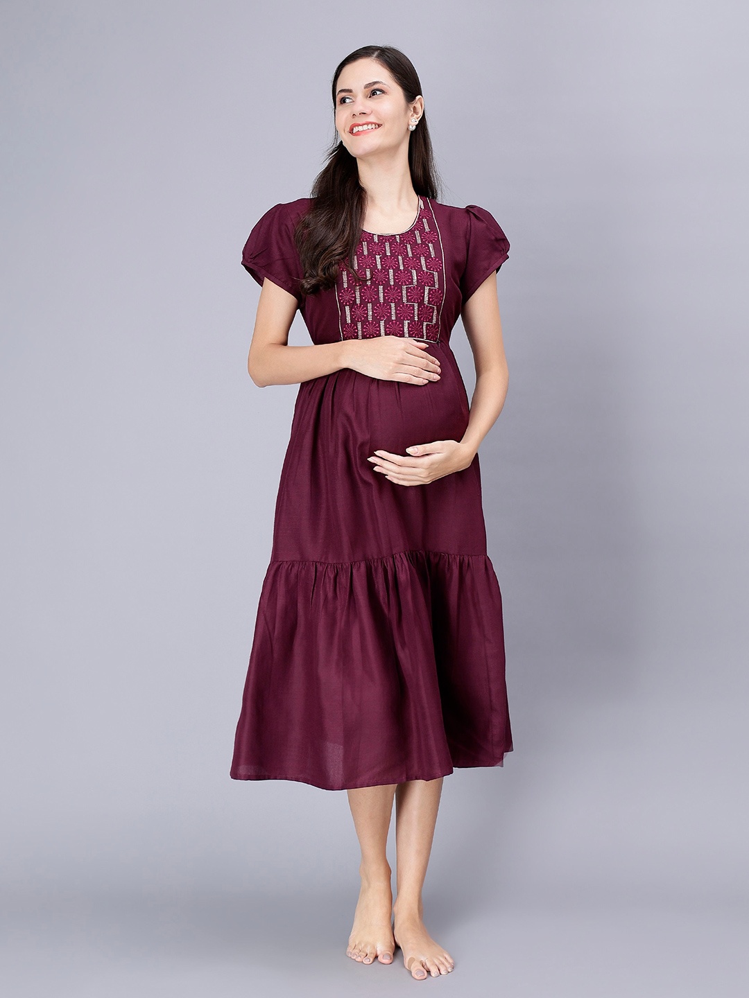 

NIGHTSPREE Embroidered Round Cotton Maternity Nightdress, Magenta